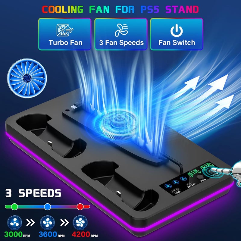 DBEPANK for PS5/PS5 Slim Stand and Cooling Station with Controller Charging Station for PlayStation 5 Slim&Standard Disc/Digital Console,10 LED Light for PS5 Cooler Accessories 3 Levels Cooling Fan, Black - Image 4